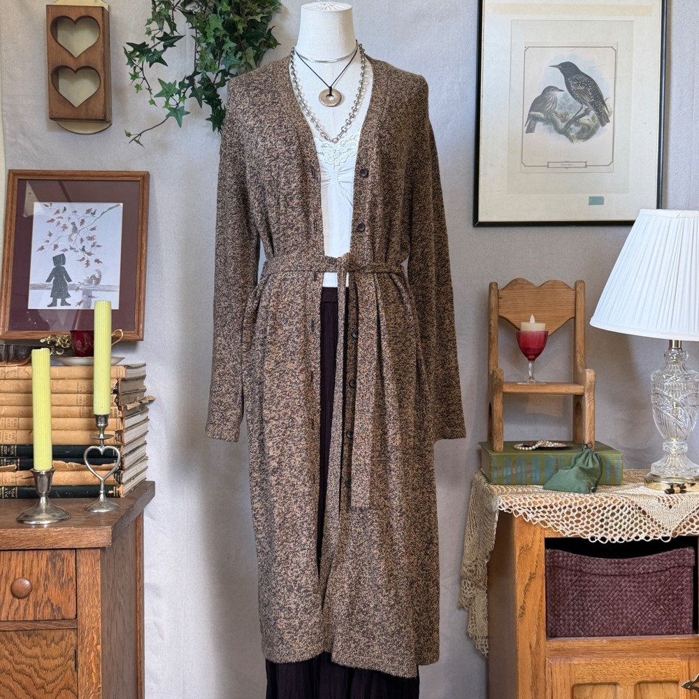 Brown Marled Fur Long Duster Cardigan Belted Whimsygoth Boho M Layering